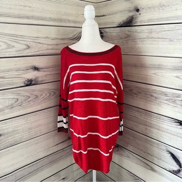 Express Red Striped Drop Shoulder Circle Hem Tunic Sweater - Picture 3 of 8